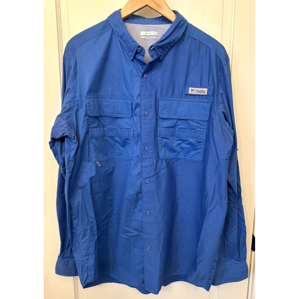 Columbia PFG Mens Breathable Long Sleeve Button Down Shirt L Royal Blue Fishing